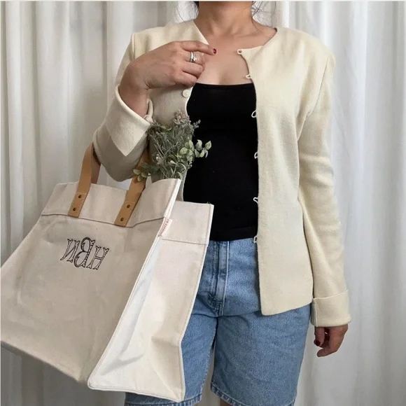 Handcrafted CB Station Cream monogram embroidered canvas tote bag. - Picture 3 of 8